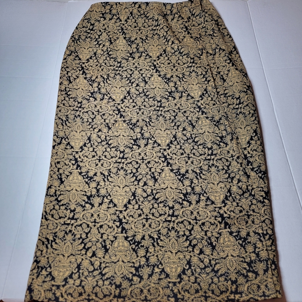 Vintage 90s Y2K Chaus Faux Wrap Skirt Floral Urn Black Tan Midi Pencil Size 14